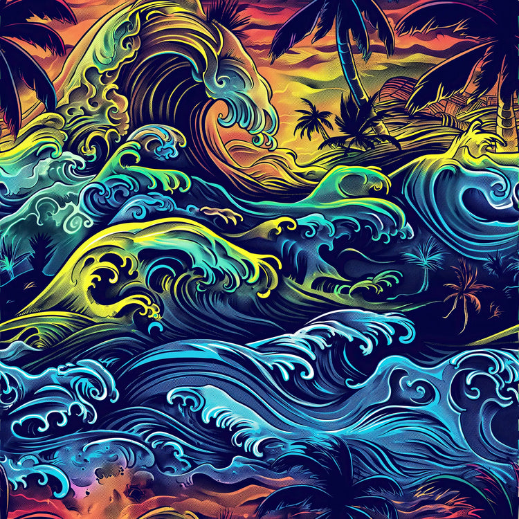 San Diego Tide rallyprint textile in deep blue, sun yellow, and coastal green with wave forms, palms, surf streaks, smoke haze, and psychedelic tie-dye flow inspired by SoCal surf-reggae vibes.