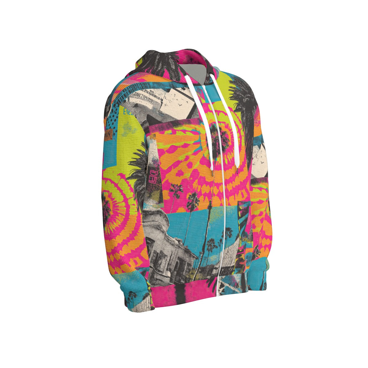 thermal waffle weave zip up hoodie - san diego vibes turquoise/hot coral/neon lime