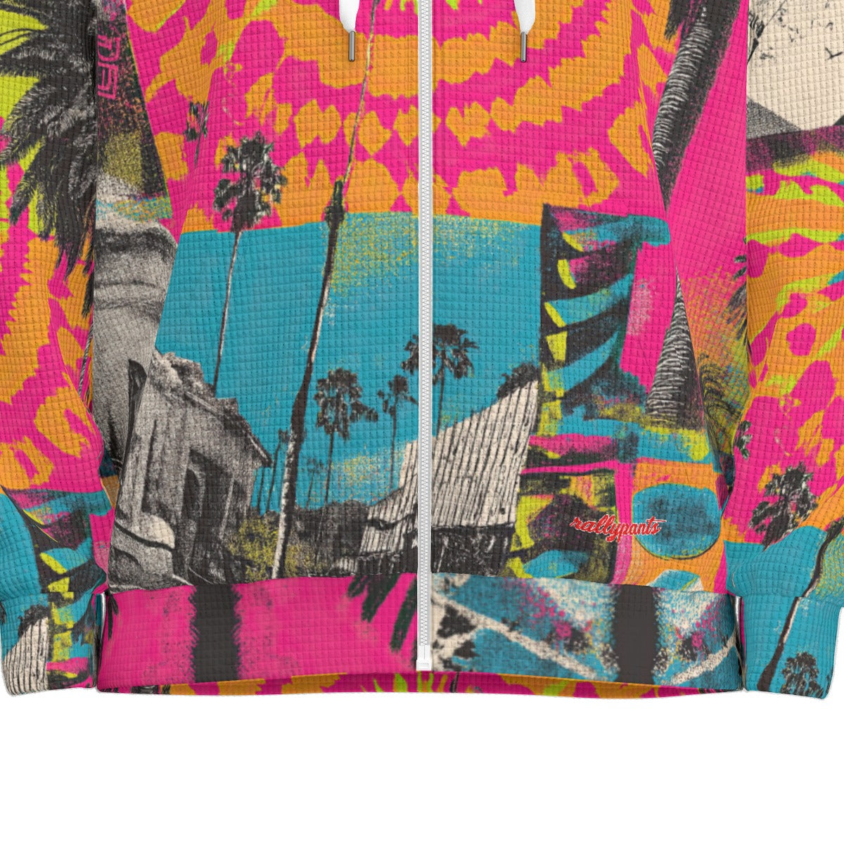 thermal waffle weave zip up hoodie - san diego vibes turquoise/hot coral/neon lime