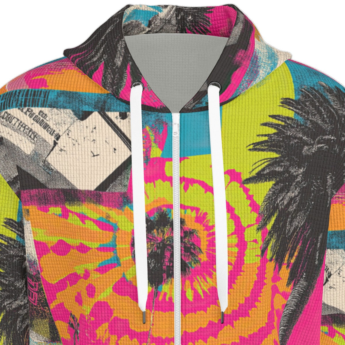 thermal waffle weave zip up hoodie - san diego vibes turquoise/hot coral/neon lime