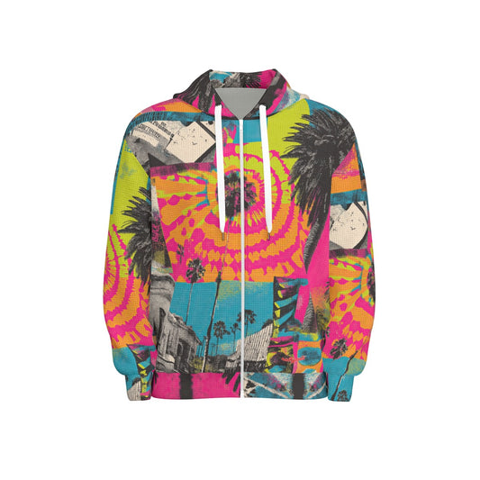 thermal waffle weave zip up hoodie - san diego vibes turquoise/hot coral/neon lime