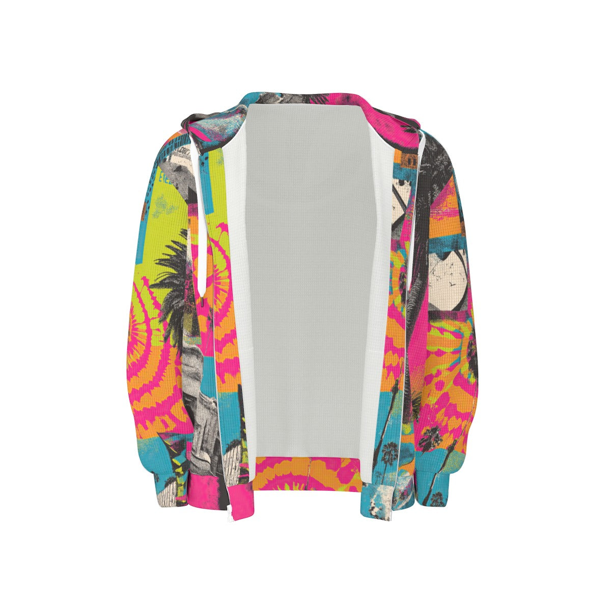 thermal waffle weave zip up hoodie - san diego vibes turquoise/hot coral/neon lime