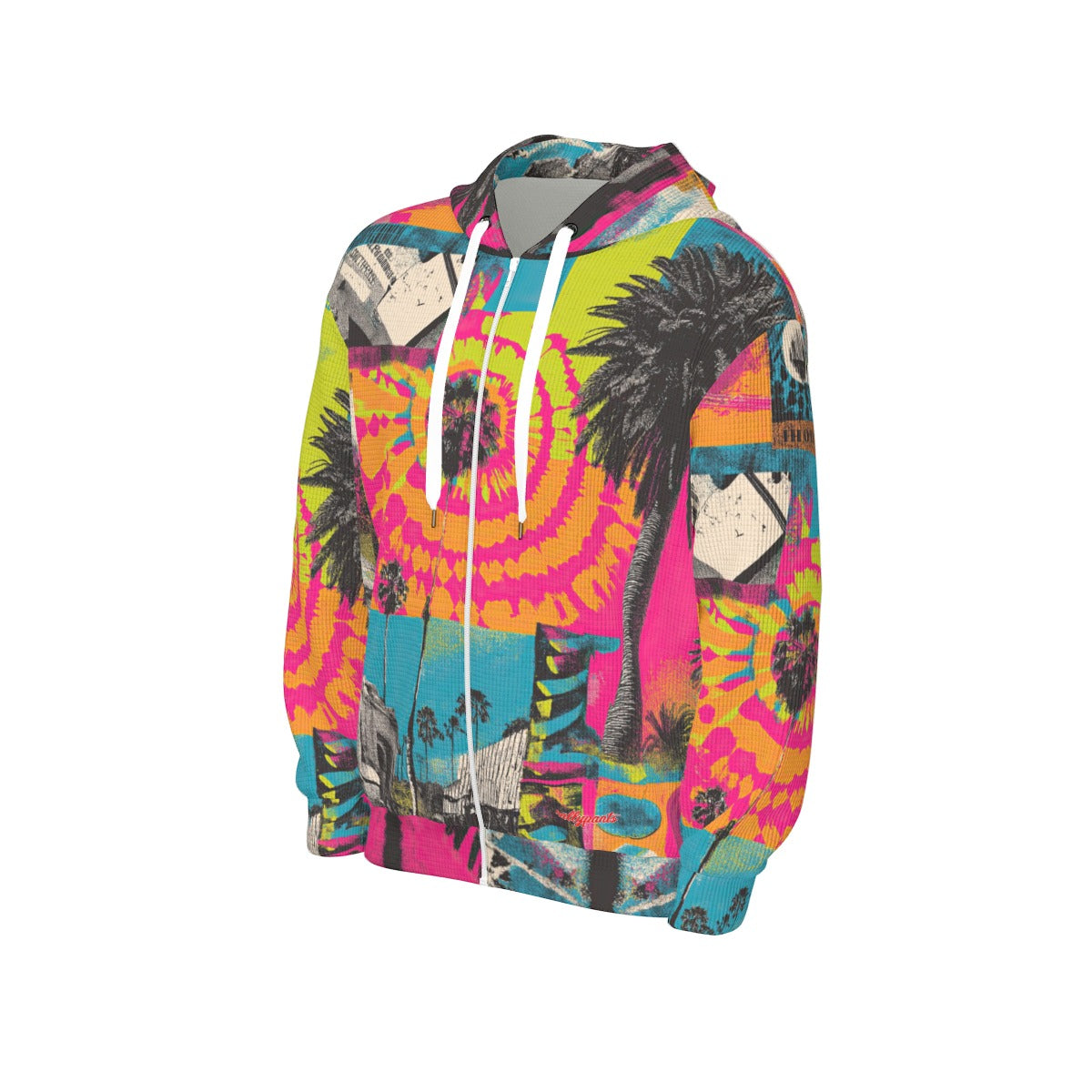 thermal waffle weave zip up hoodie - san diego vibes turquoise/hot coral/neon lime