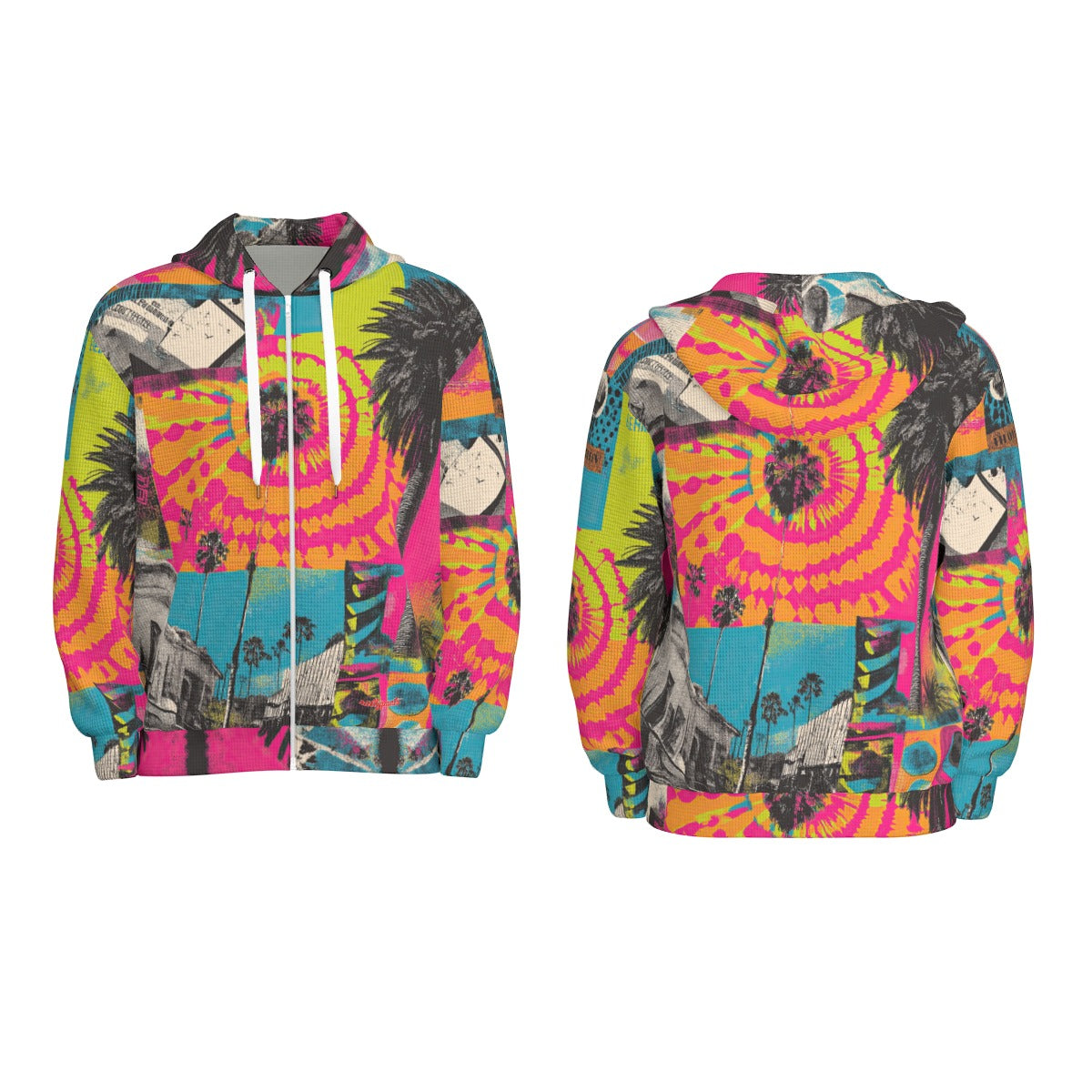 thermal waffle weave zip up hoodie - san diego vibes turquoise/hot coral/neon lime
