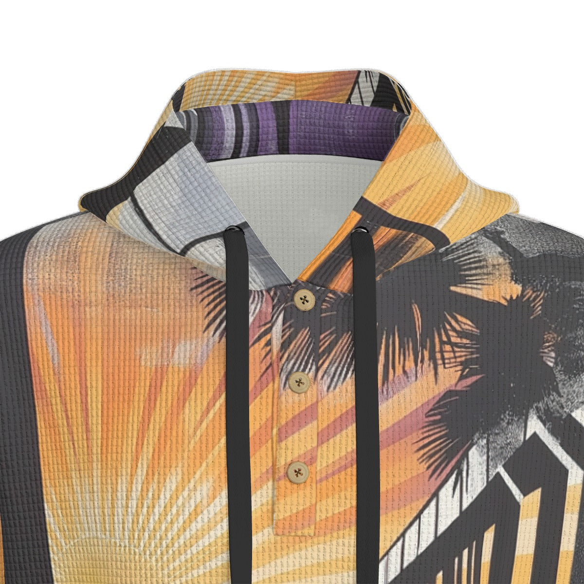 men’s thermal waffle half button pullover hoodie - south bay sunset black/purple/gold image 1