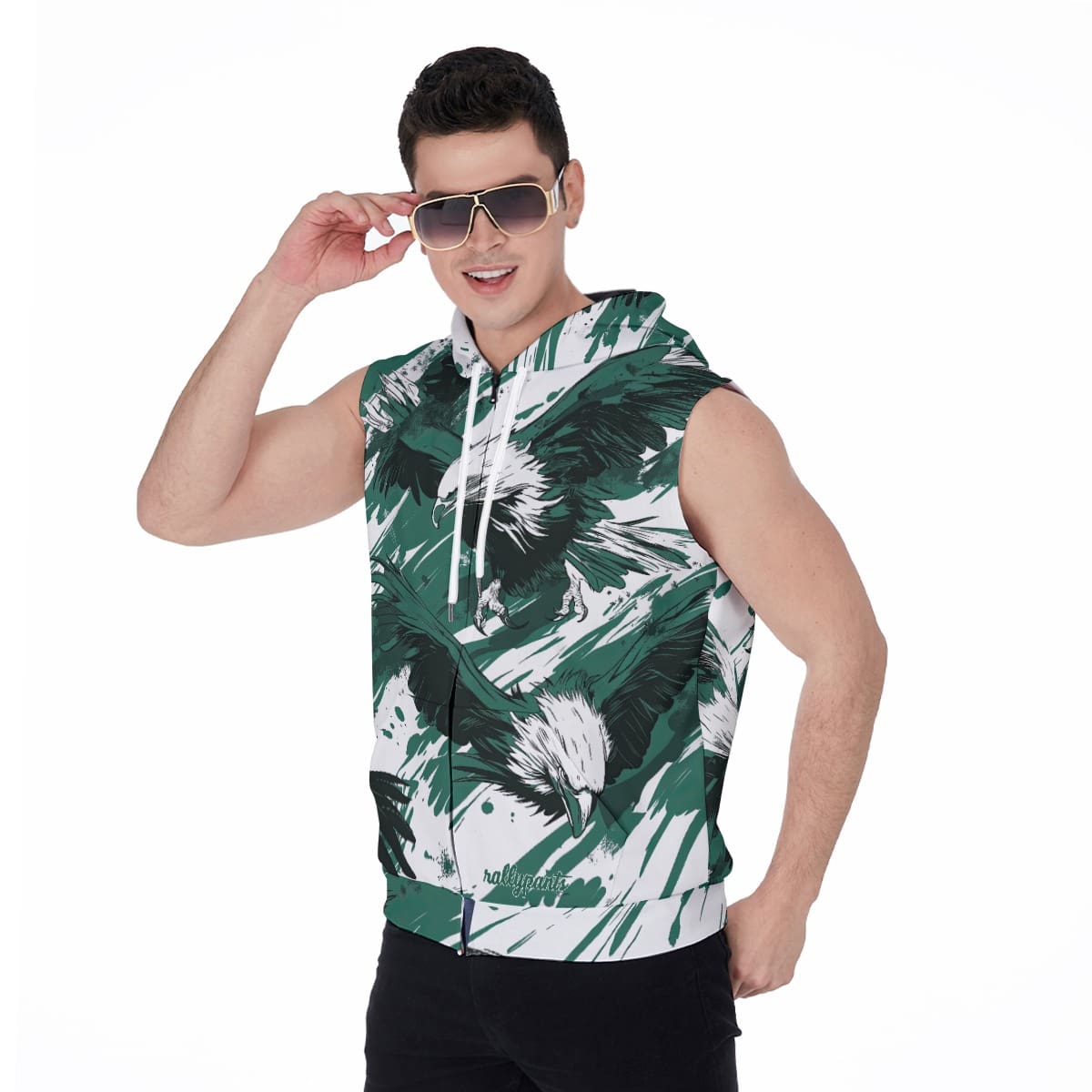 men’s zipper-up sleeveless hoodie –philadelphia midnight/green/white rallyprint image 2