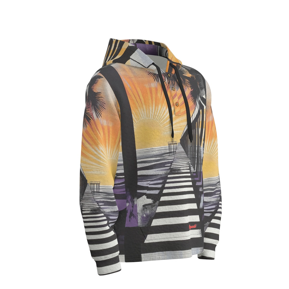 men’s thermal waffle half button pullover hoodie - south bay sunset black/purple/gold image 6