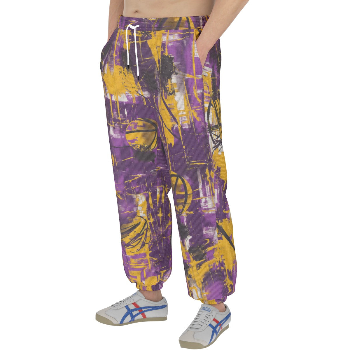 men’s thermal waffle tapered sweatpants - los angeles purple/gold graffiti image 1