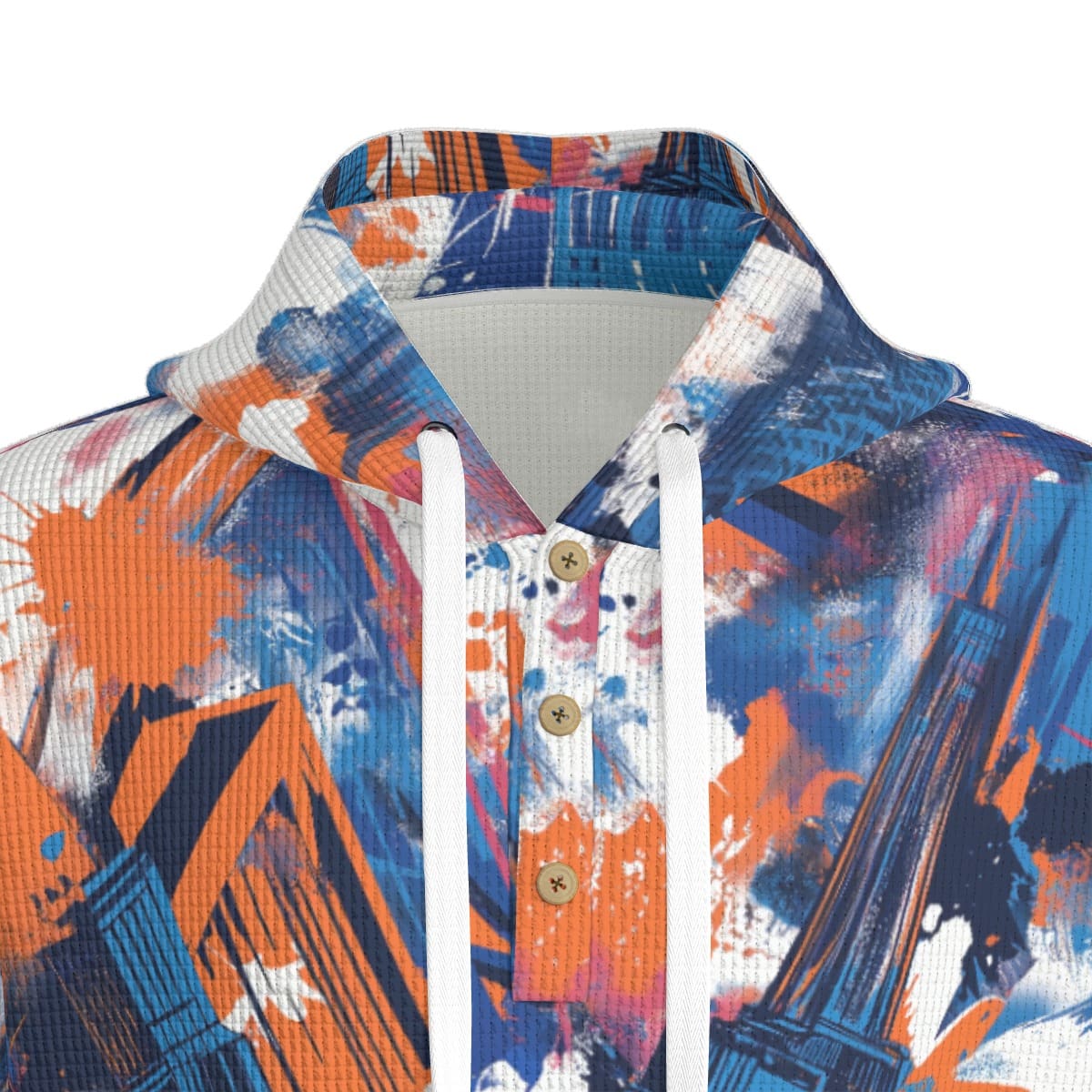 men’s thermal waffle half button pullover hoodie - new york blue/orange/black image 5