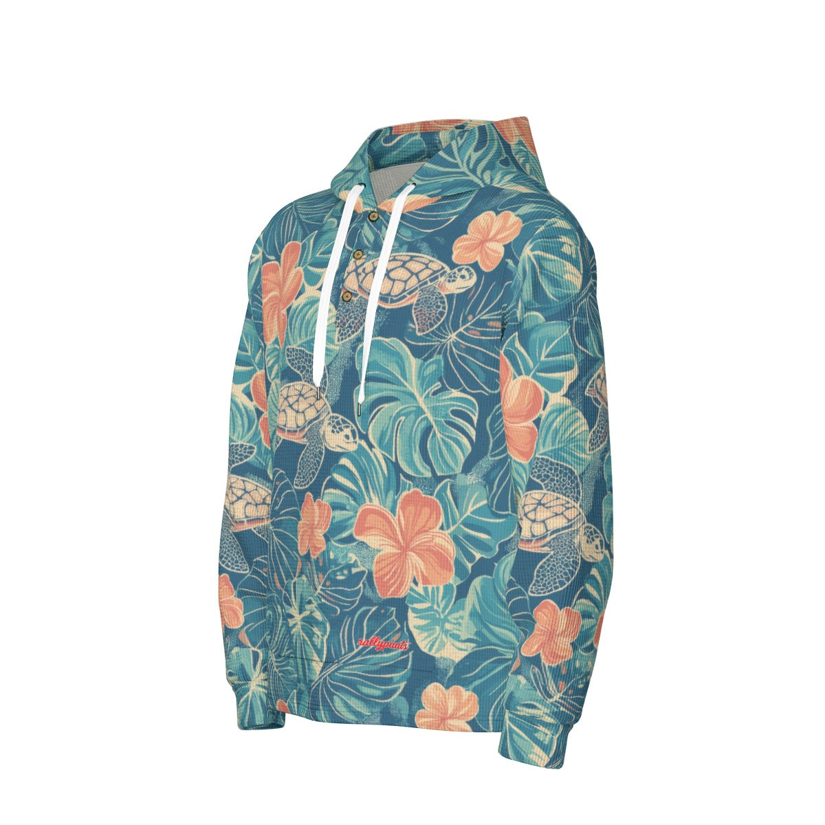 men’s thermal waffle half button pullover hoodie - rarotonga turtle reef lagoon teal/coral/sand image 5