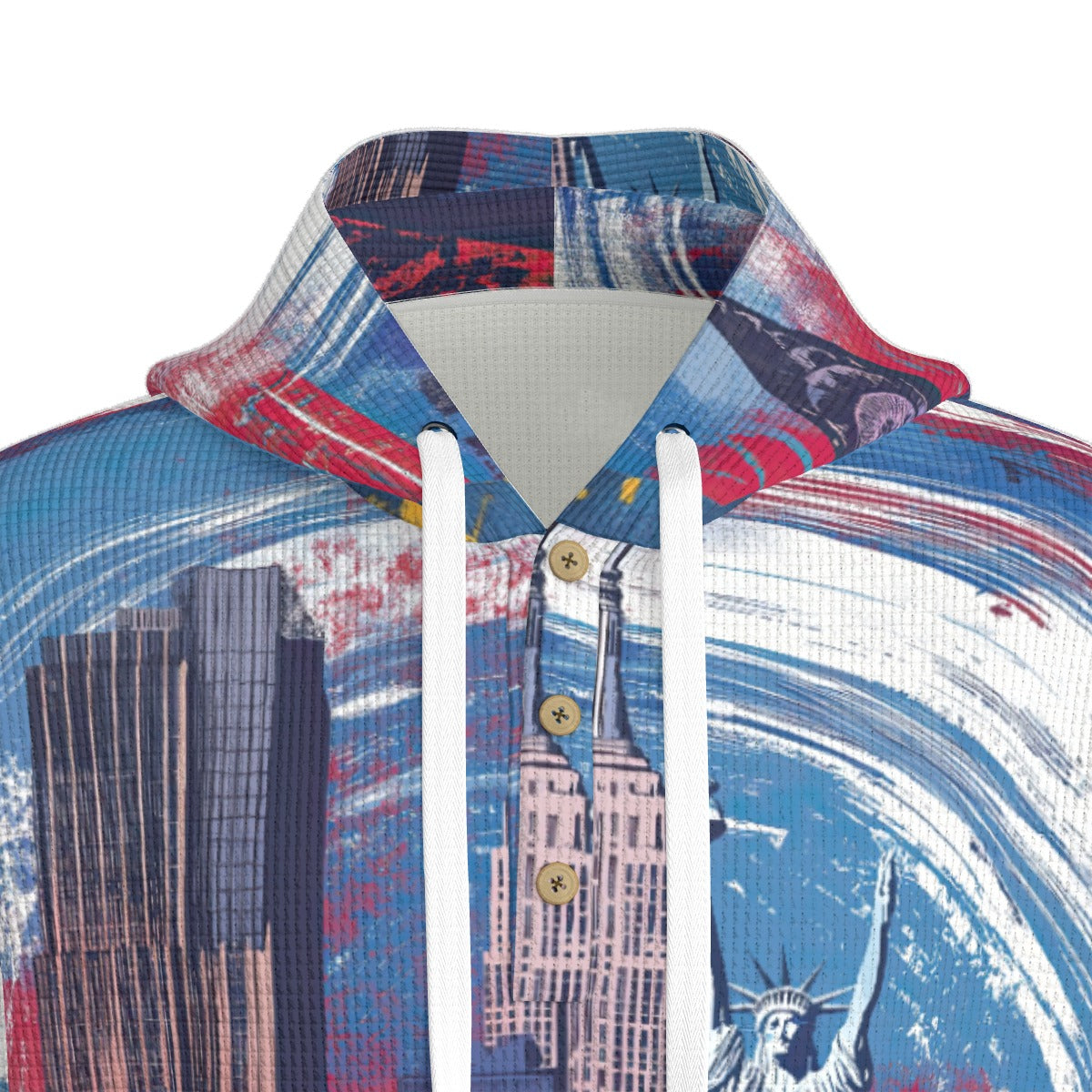 men’s thermal waffle half button pullover hoodie - new york blue/red/white image 1