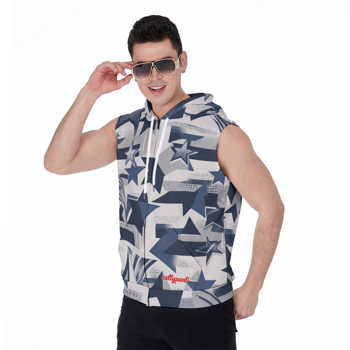 men’s zipper-up sleeveless hoodie – dallas navy/white/silve image 2