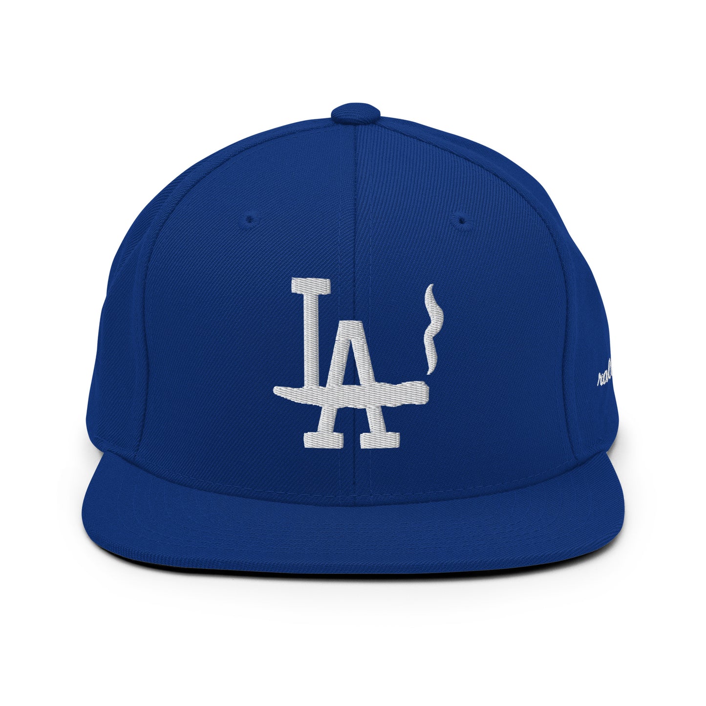 Blue baseball cap with white logo on a white background