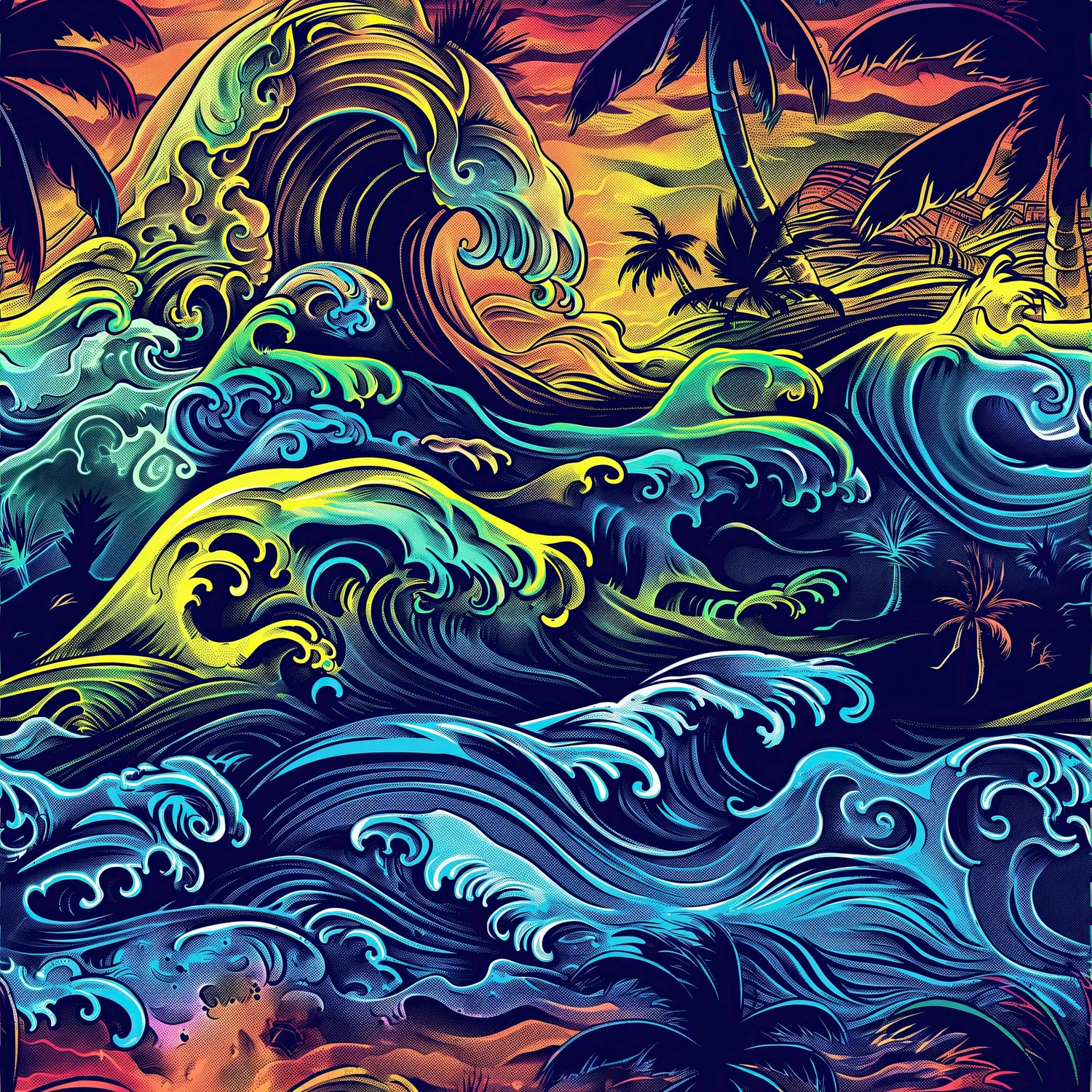 San Diego Tide rallyprint textile in deep blue, sun yellow, and coastal green with wave forms, palms, surf streaks, smoke haze, and psychedelic tie-dye flow inspired by SoCal surf-reggae vibes.