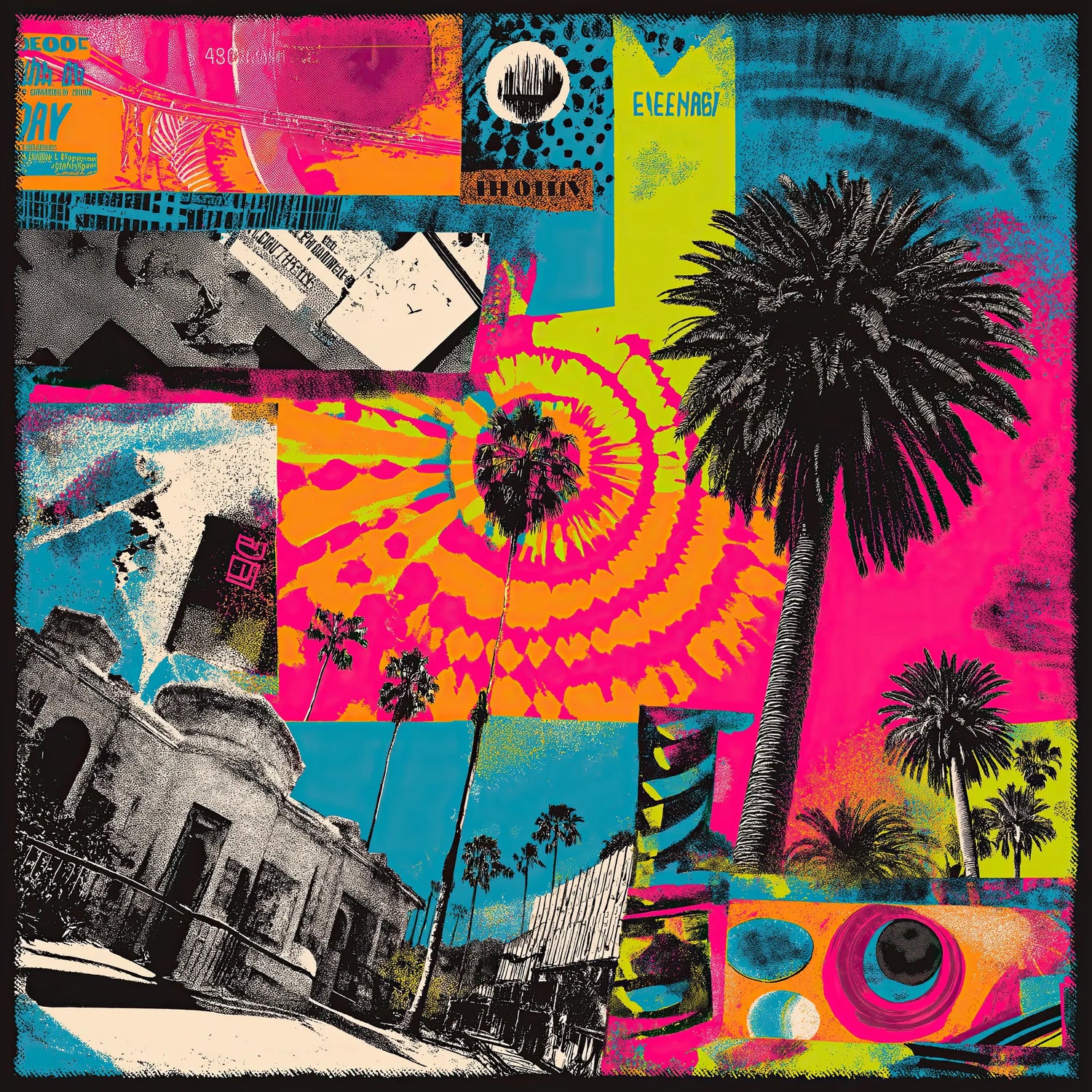 San Diego Vibes rallyprint textile in turquoise, hot coral, and neon lime with zubazz lightning, halftone glitches, palm shadows, and refractal textures mixing urban chaos and coastal chill.