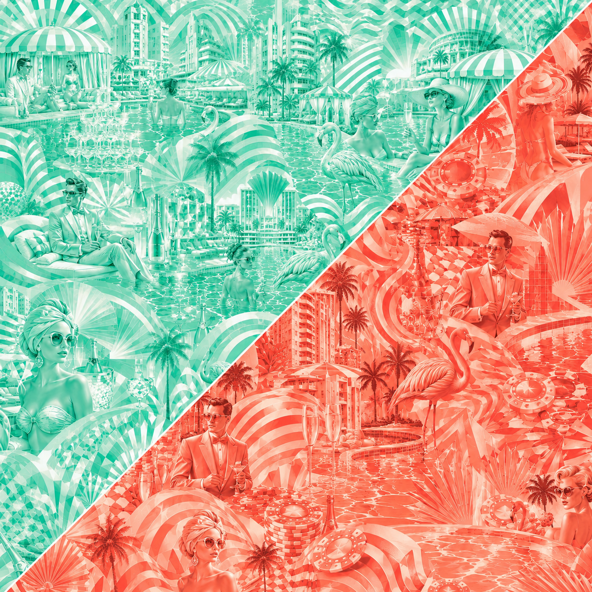 Vegas Pool Party coral, mint, and neon palm Hawaiian shirt collection hero