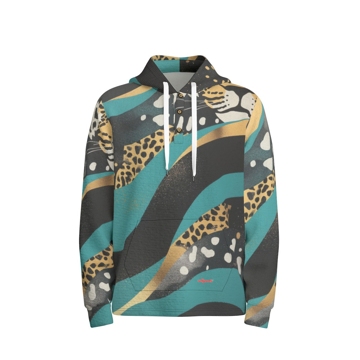 men’s thermal waffle half button pullover hoodie - jacksonville teal/black/gold image 2