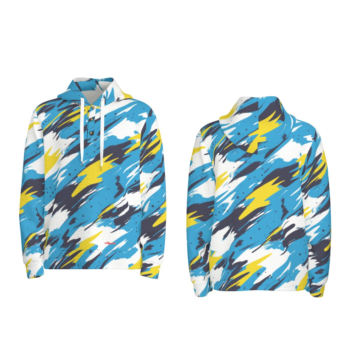 men’s thermal waffle half button pullover hoodie - los angeles powder blue/yellow/white image 4