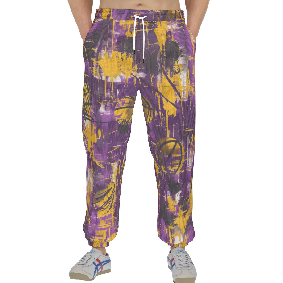 men’s thermal waffle tapered sweatpants - los angeles purple/gold graffiti - White, XL image