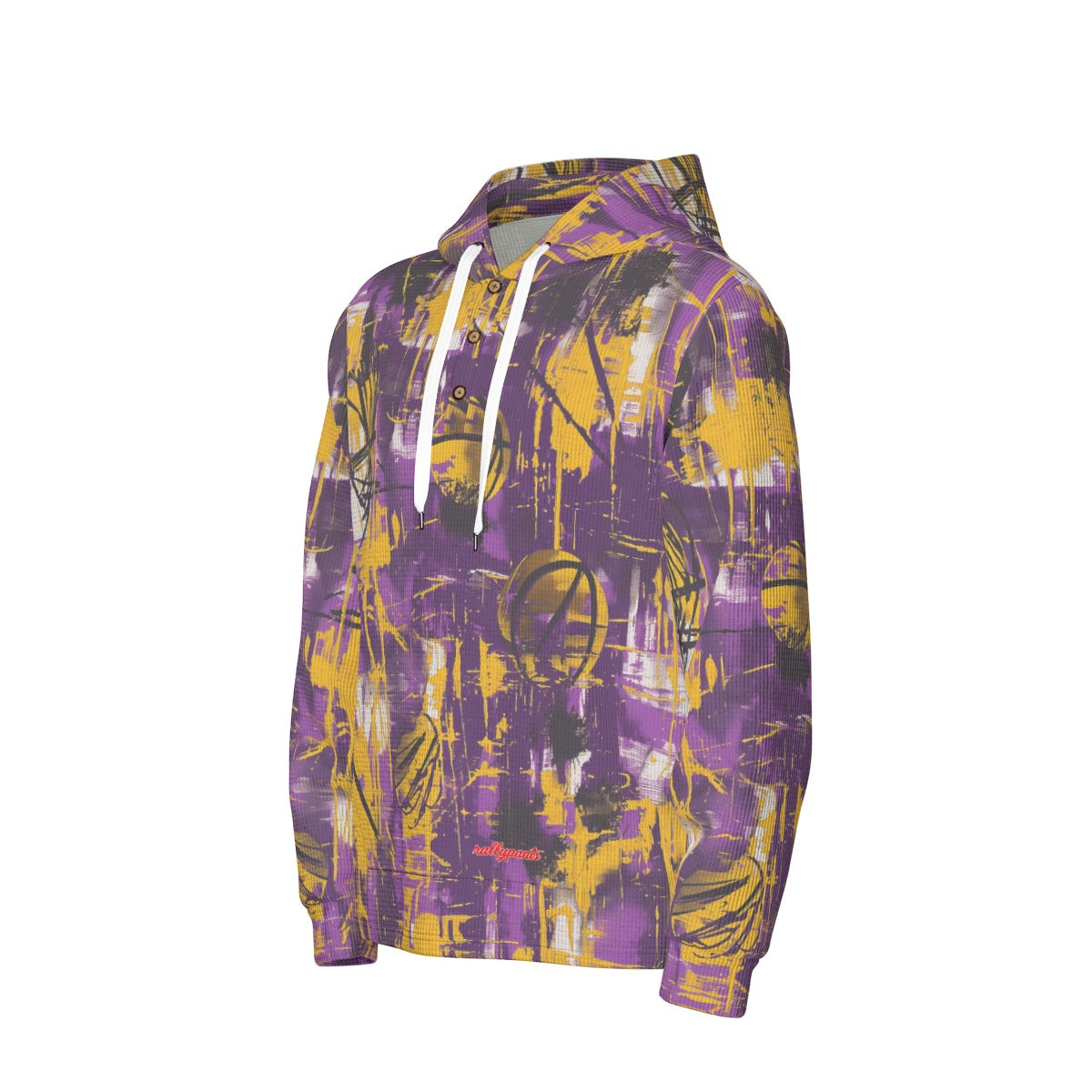men’s thermal waffle half button pullover hoodie - los angeles purple/gold graffiti image 1