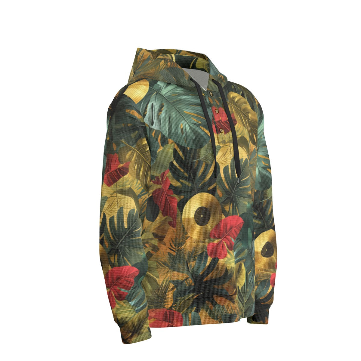 men’s thermal waffle half button pullover hoodie - gold record vibes jungle green/gold image 3