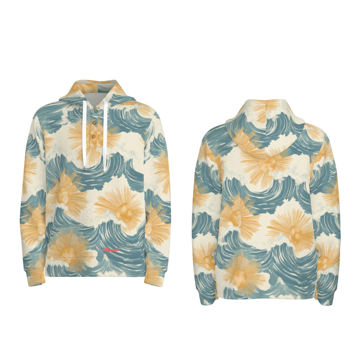 men’s thermal waffle half button pullover hoodie - sunsoaked surf pacific teal/golden adobe/seafoam image 4
