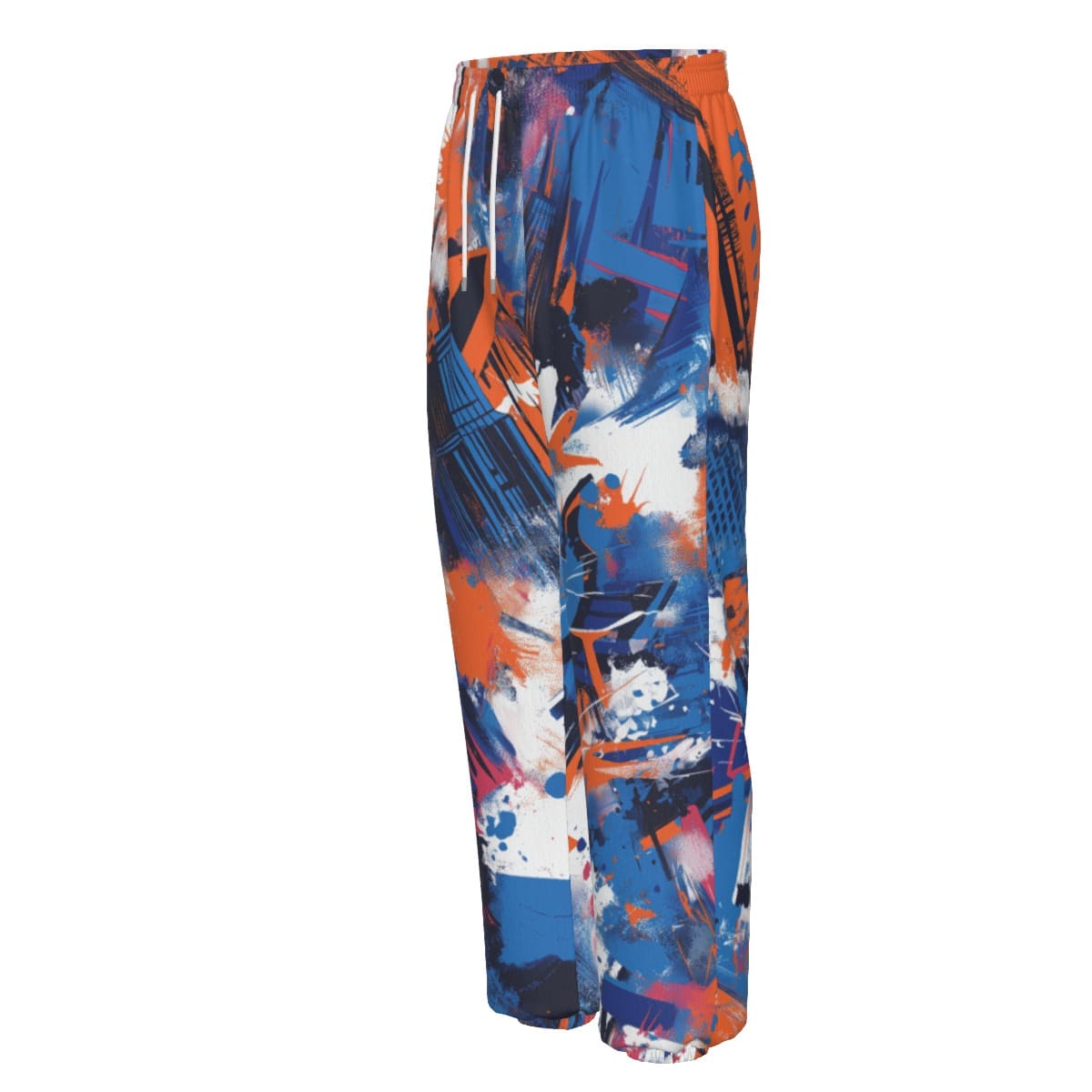 Unisex premium cotton sweatpants angled front view in New York blue/orange/graffiti