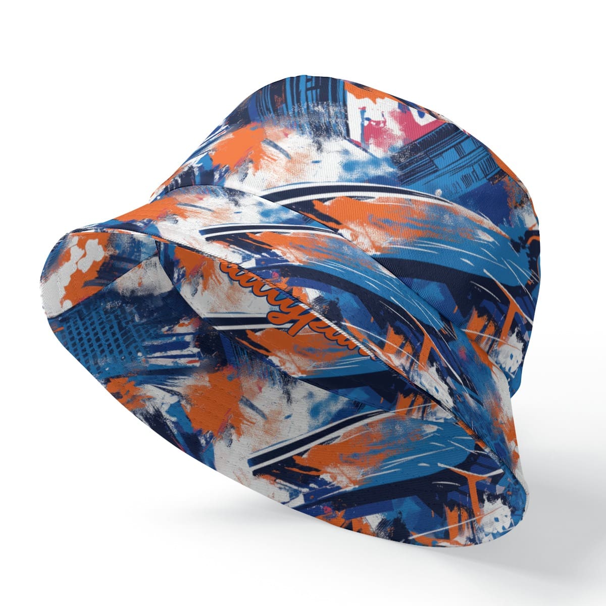 Bucket hat angled front view in New York blue/orange/graffiti