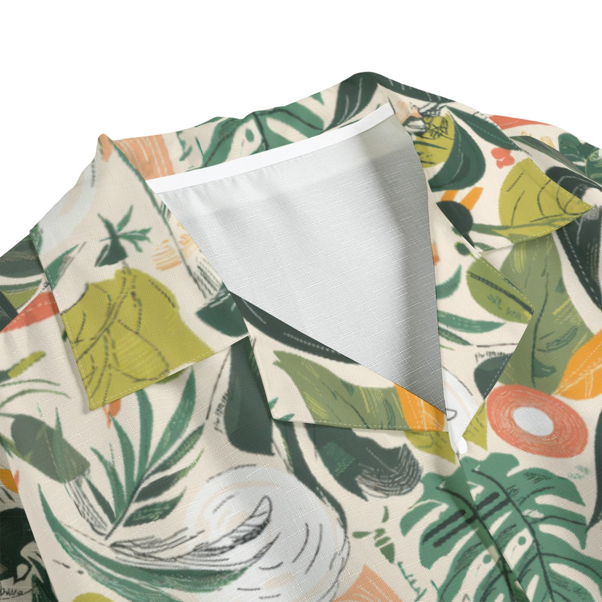 themplantvibes Botanical Faux Linen Hawaiian Shirt - Green/Orange/White
