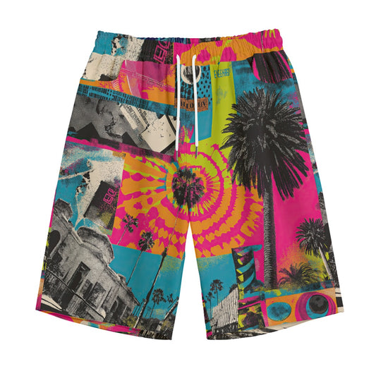 straight cotton casual shorts - san diego vibes turquoise/hot coral/neon lime