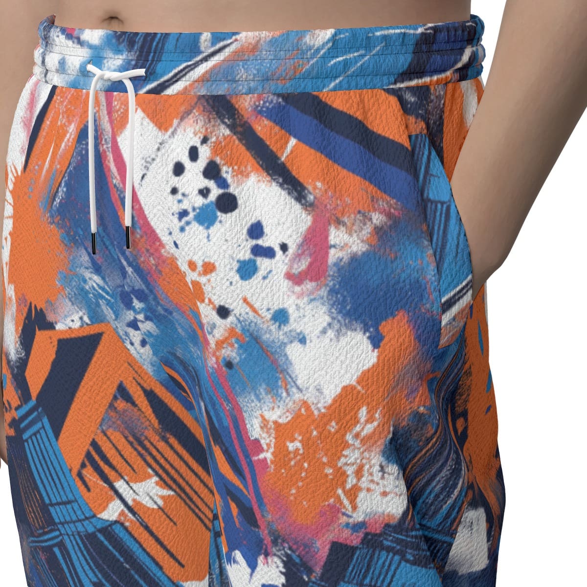 Featherlite textured casual pants detail view in New York blue/orange/graffiti