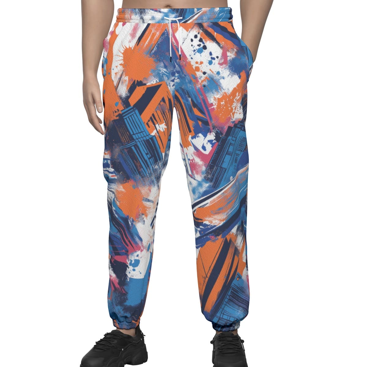 Featherlite textured casual pants front view in New York blue/orange/graffiti