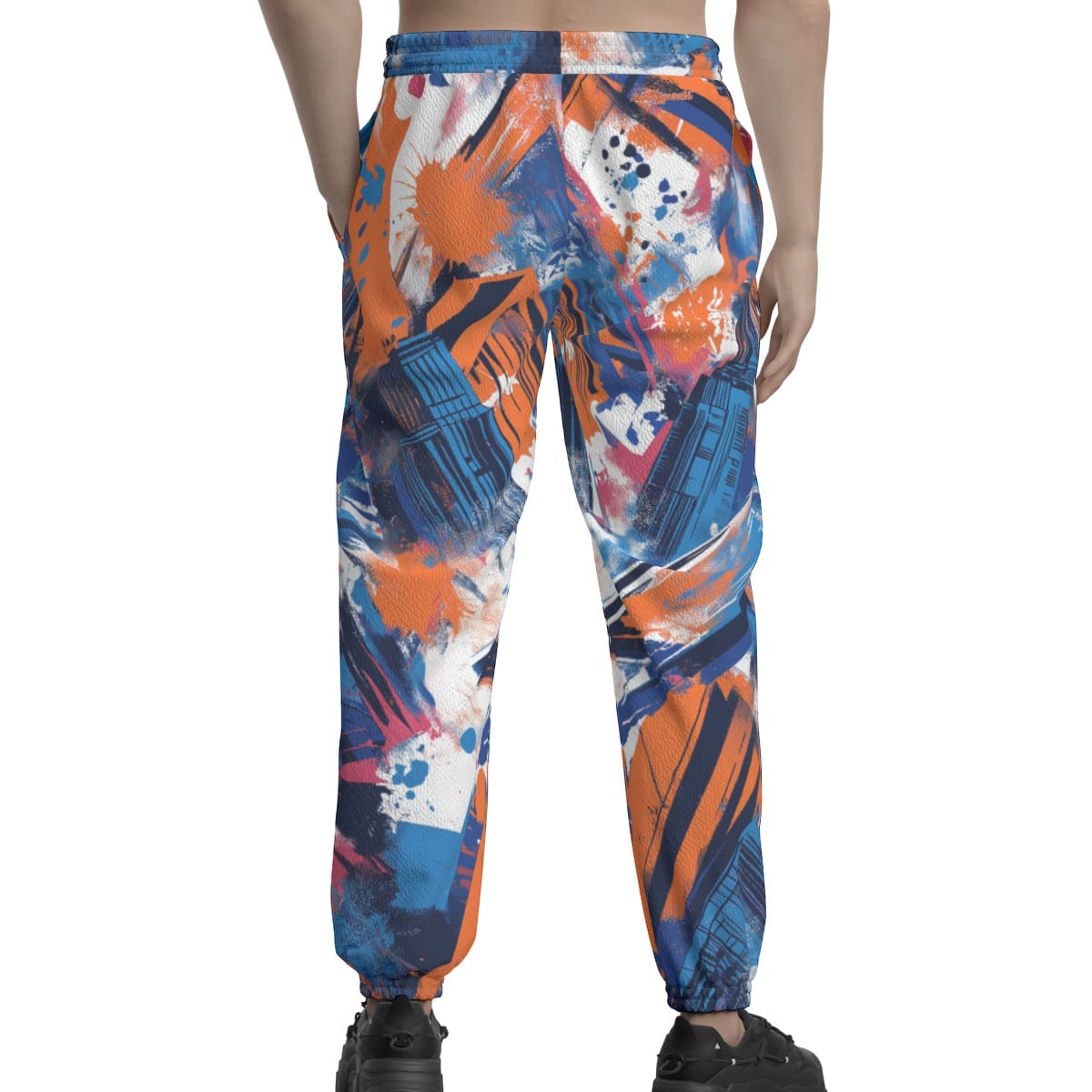 Featherlite textured casual pants side view in New York blue/orange/graffiti