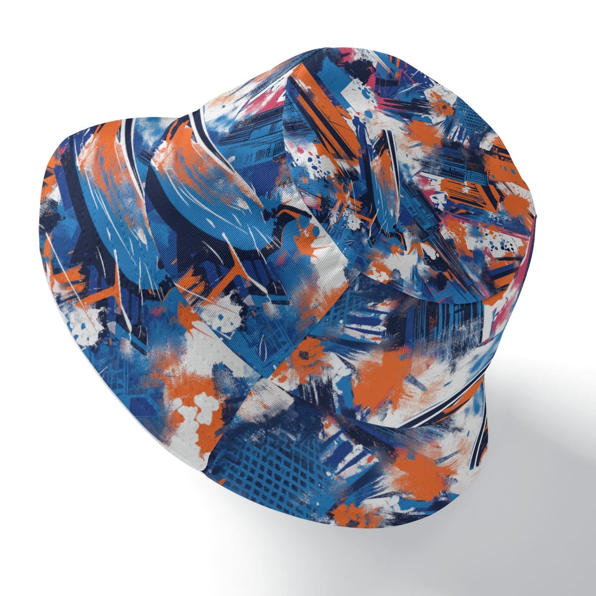 Bucket hat back view in New York blue/orange/graffiti