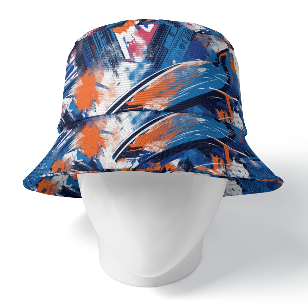 Bucket hat front view in New York blue/orange/graffiti