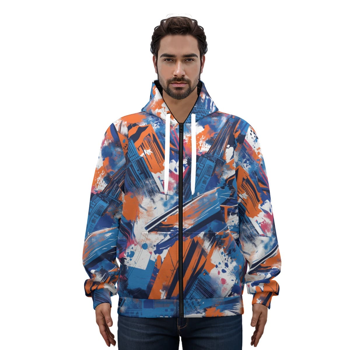 Cotton zip hoodie lifestyle mockup in New York blue/orange/graffiti