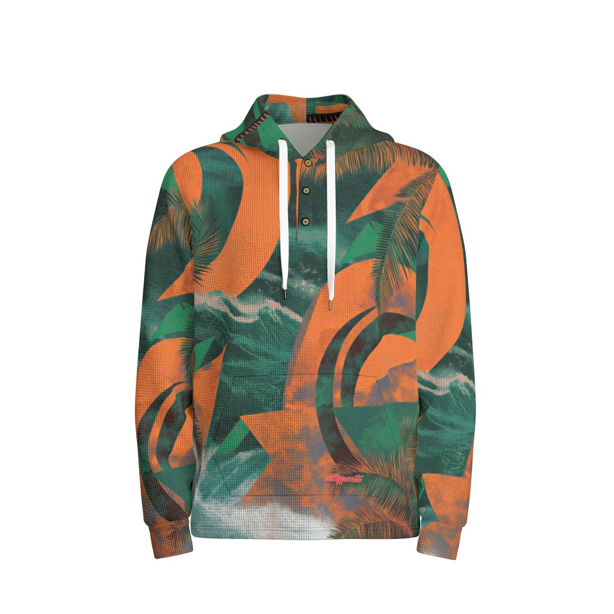 men’s thermal waffle half button pullover hoodie - miami orange/green