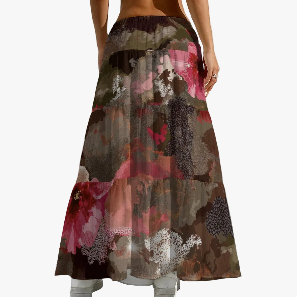 women's tiered maxi skirt - urban jungle lace black/olive/charcoal/pink