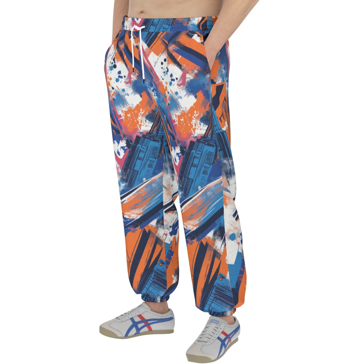 Men's thermal waffle tapered sweatpants side view in New York blue/orange/black