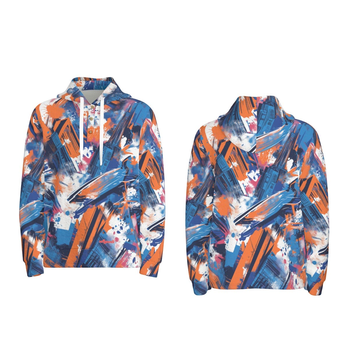 Men's thermal waffle half button pullover hoodie angled front view in New York blue/orange/black