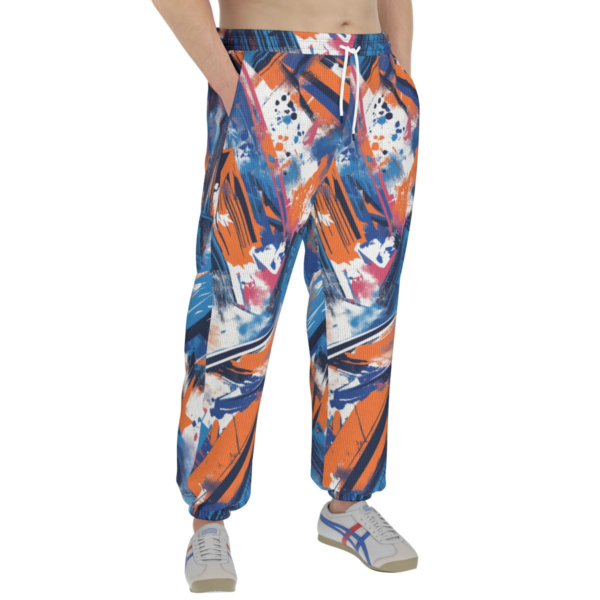 Men's thermal waffle tapered sweatpants detail view in New York blue/orange/black