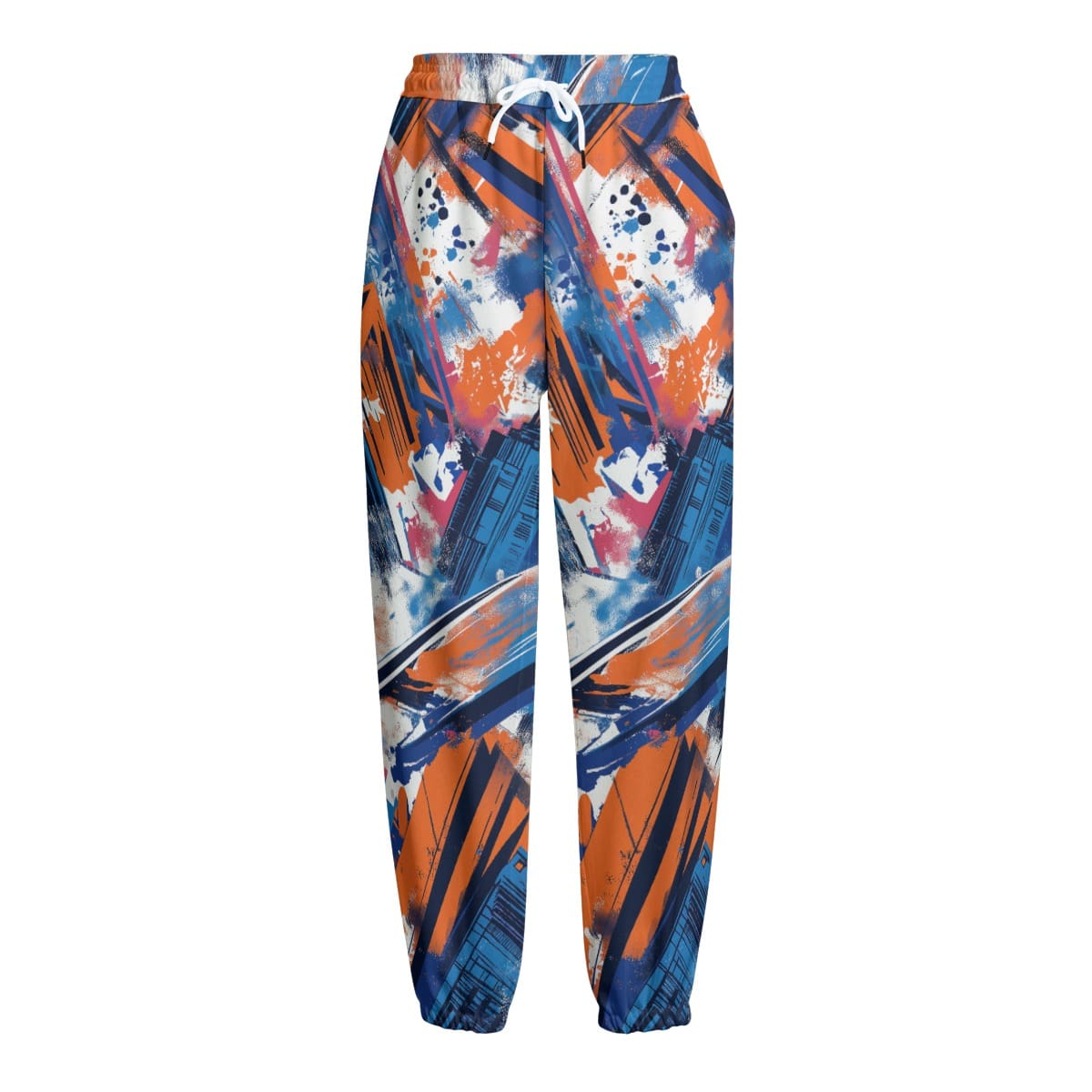 Men's plush fleece pants front view in New York blue/orange/black