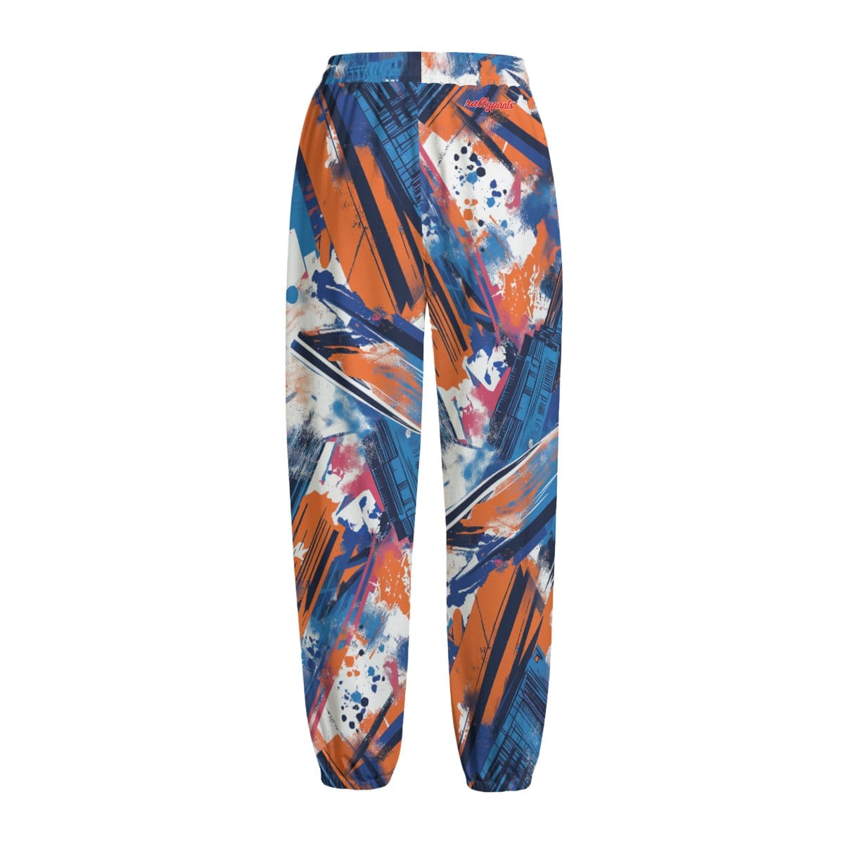 Men's plush fleece pants angled front view in New York blue/orange/black