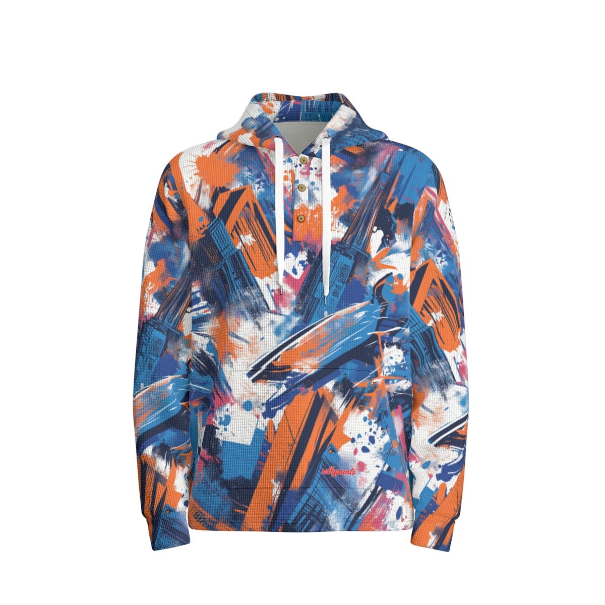 Men's thermal waffle half button pullover hoodie front view in New York blue/orange/black