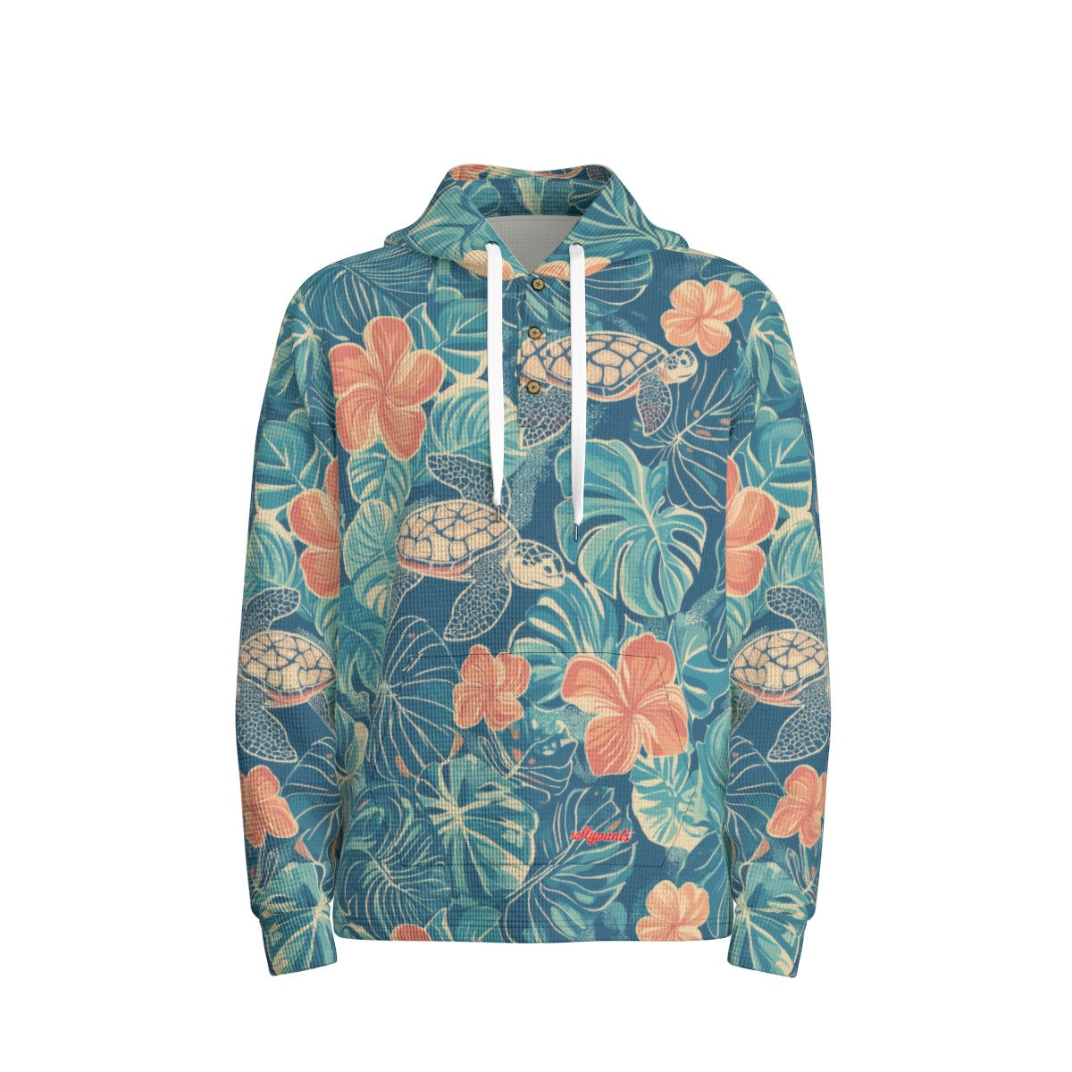 men’s thermal waffle half button pullover hoodie - rarotonga turtle reef lagoon teal/coral/sand image 4
