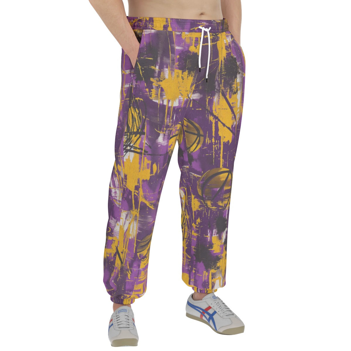 men’s thermal waffle tapered sweatpants - los angeles purple/gold graffiti image 4