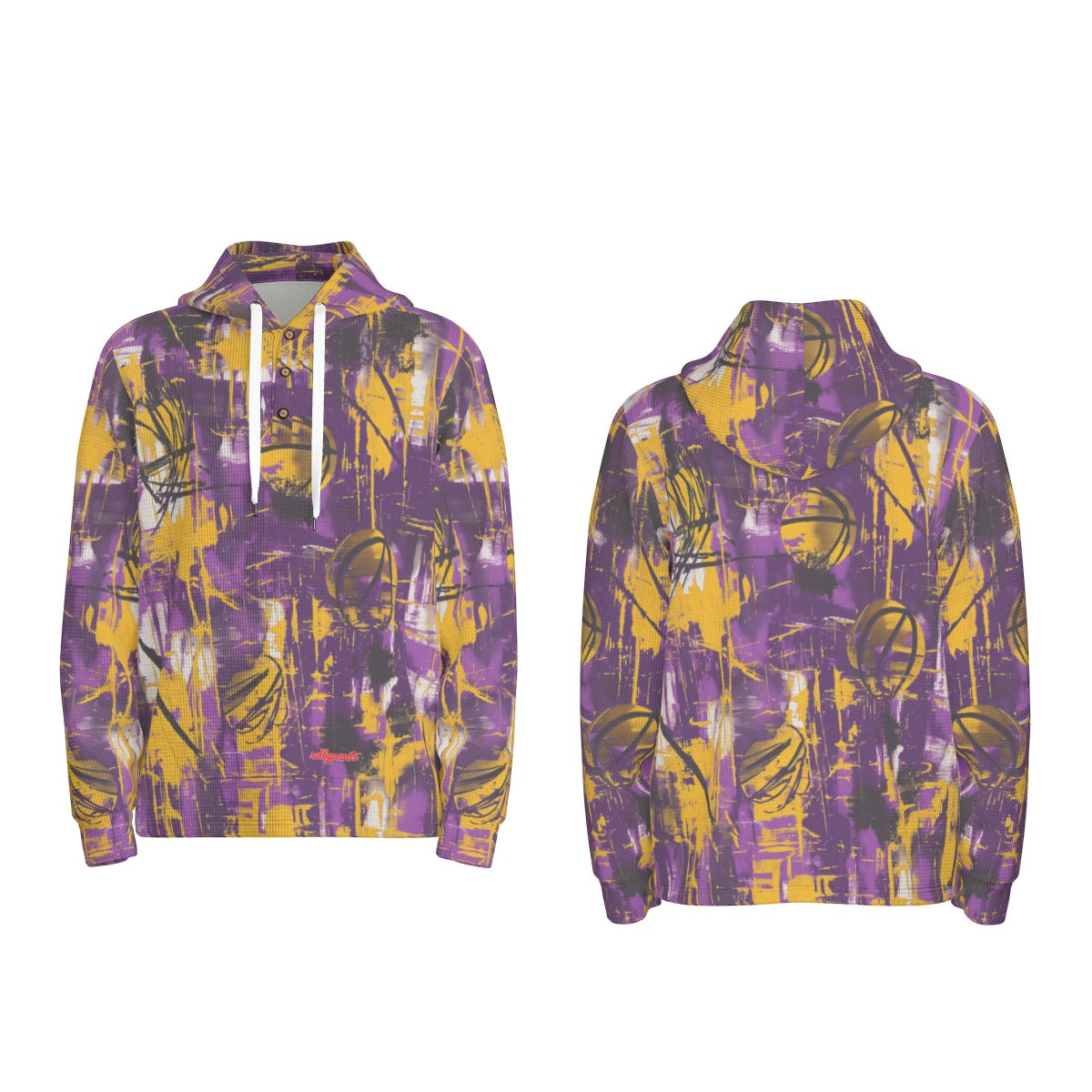 men’s thermal waffle half button pullover hoodie - los angeles purple/gold graffiti image 2