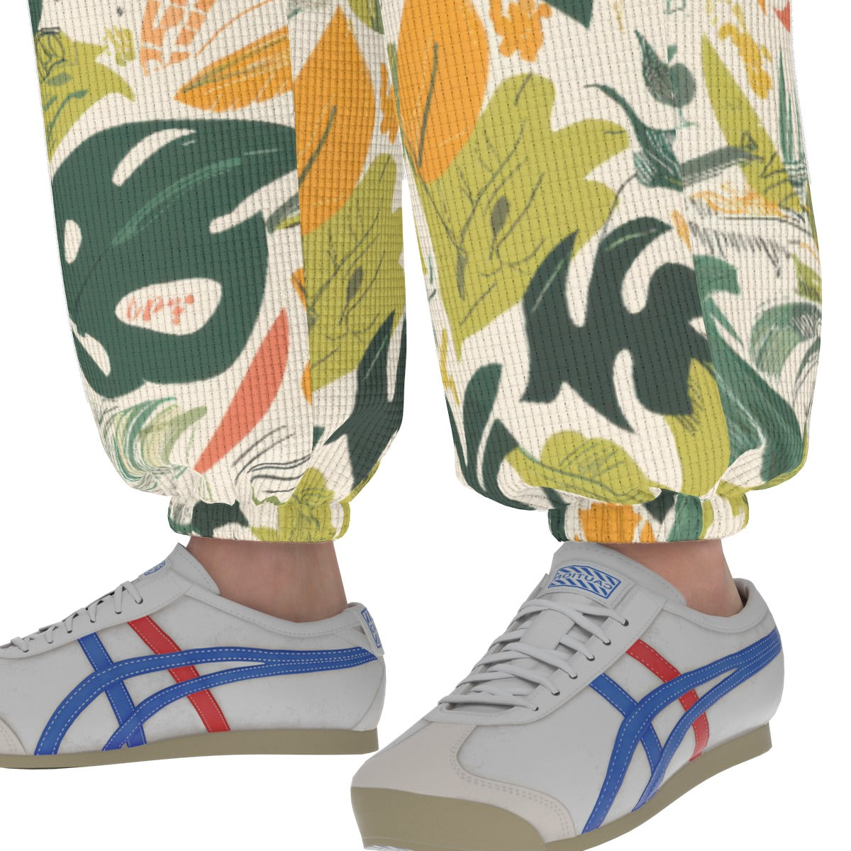 men’s thermal waffle tapered sweatpants - themplantvibes botanical green/orange/white image 4