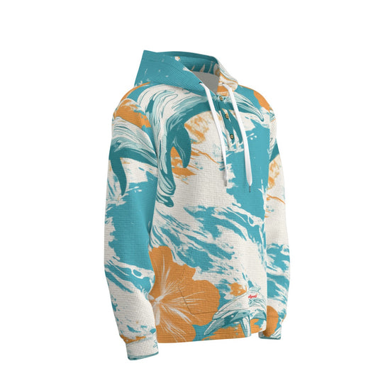 men’s thermal waffle half button pullover hoodie - miami aqua/orange/white image 0