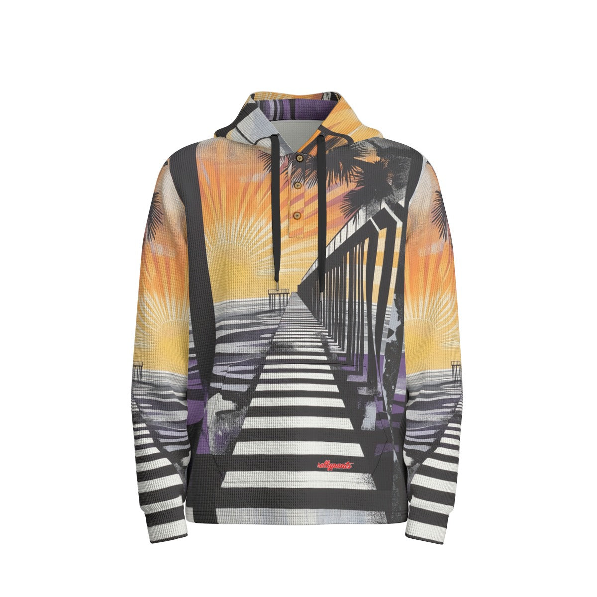 men’s thermal waffle half button pullover hoodie - south bay sunset black/purple/gold image 4